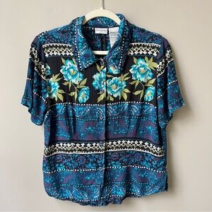 Vintage Hawaiian Shirt Women's‎ Medium Tropical Flower Blue Vacation Resort Boho